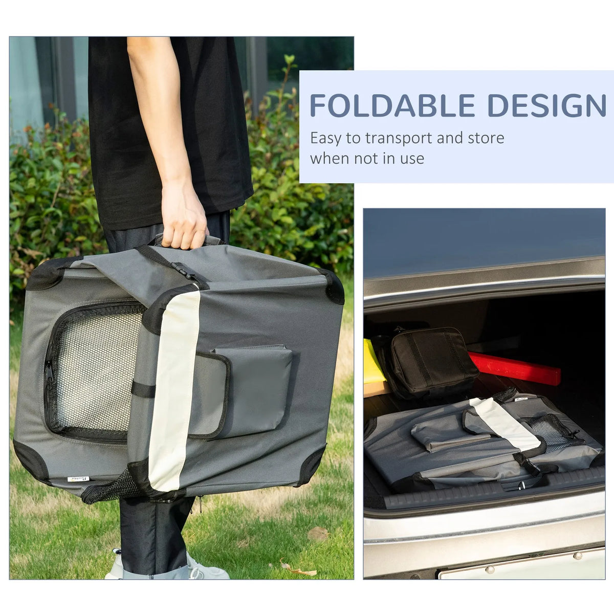 60cm Foldable Pet Carrier with Cushion Soft Sided Travel Crate for Cats and Small Dogs Grey