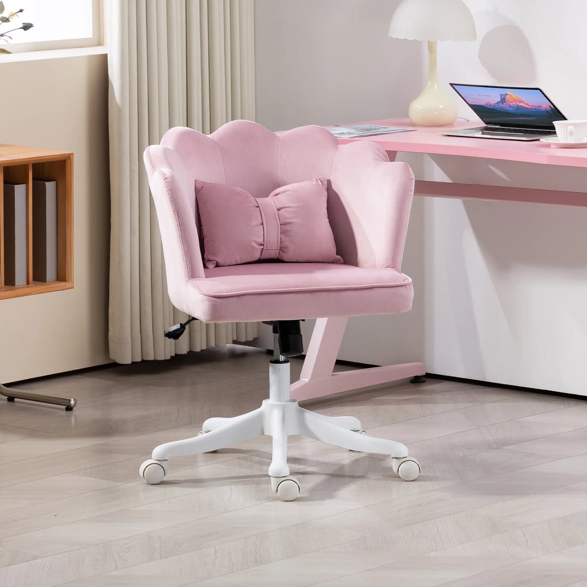 Velvet-Feel Office Chair with Petal Back and Lumbar Pillow, Pink