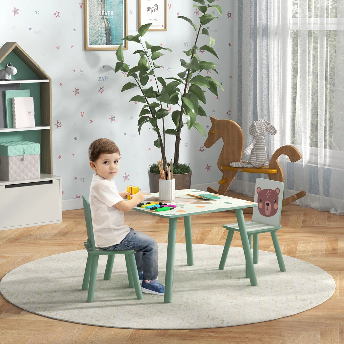 3 Piece Kids Table and Chair Set with 2 Chairs Animal Design Rounded Edges for Ages 3-8 Nursery