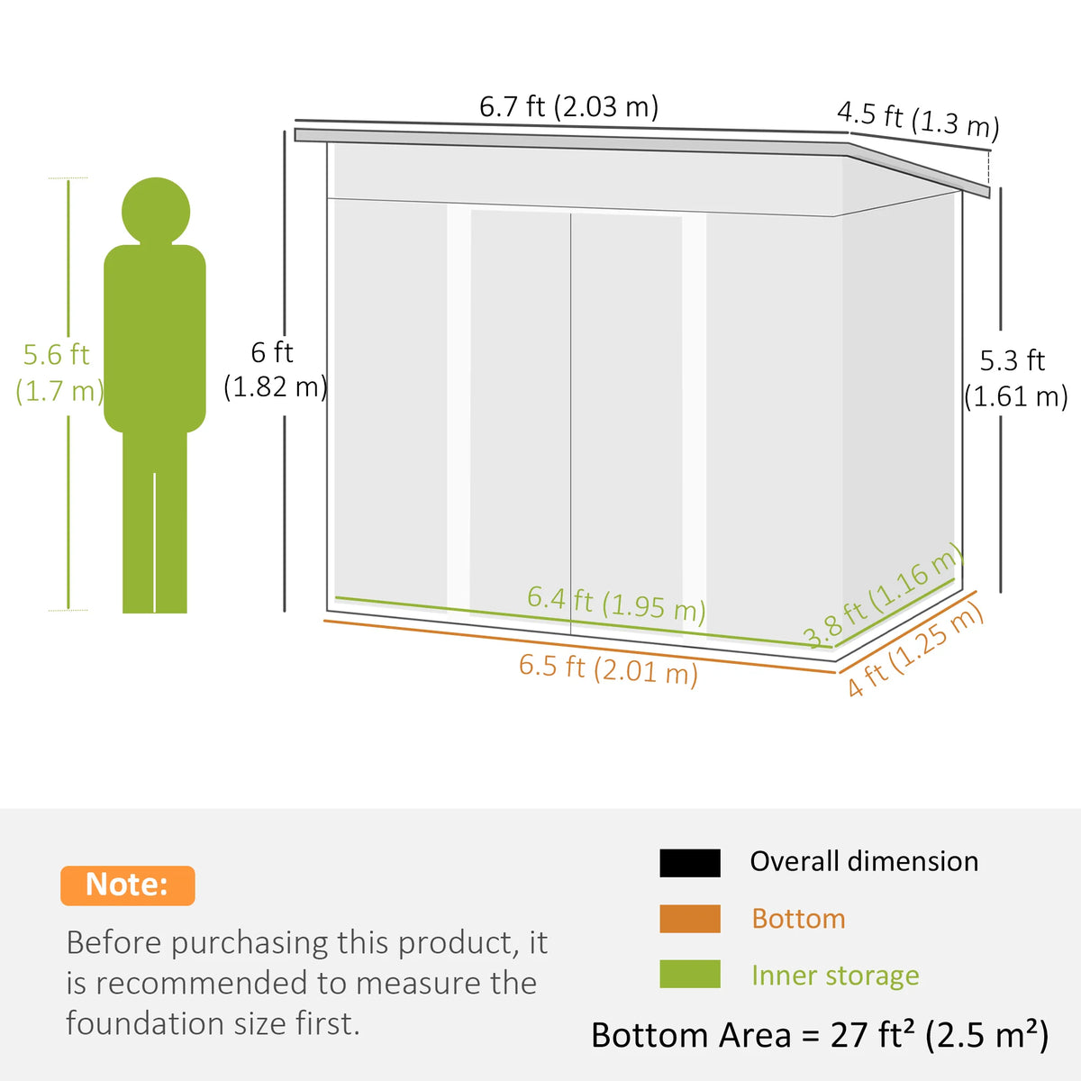 Lean-to Metal Garden Storage Shed with Sliding Door, 203 x 130cm, Black