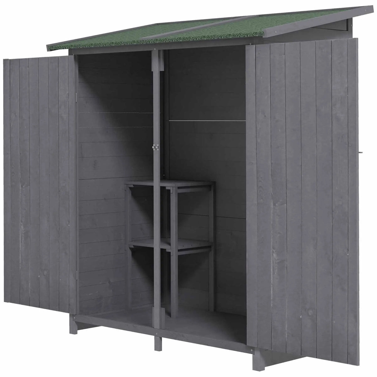 Movable double layer storage table attached to a wooden garden shed