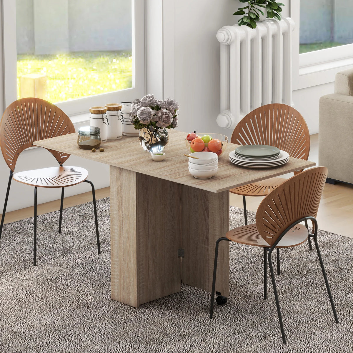 Mobile Drop Leaf Dining Table, Folding Table with 2 Wheels, Natural