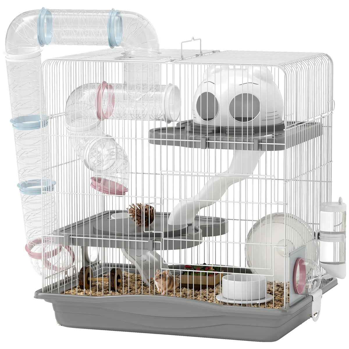 3 Tier Hamster Cage 45x30x45cm with 14 Tubes Exercise Wheel and 9cm Deep Base for Dwarf Hamsters Grey