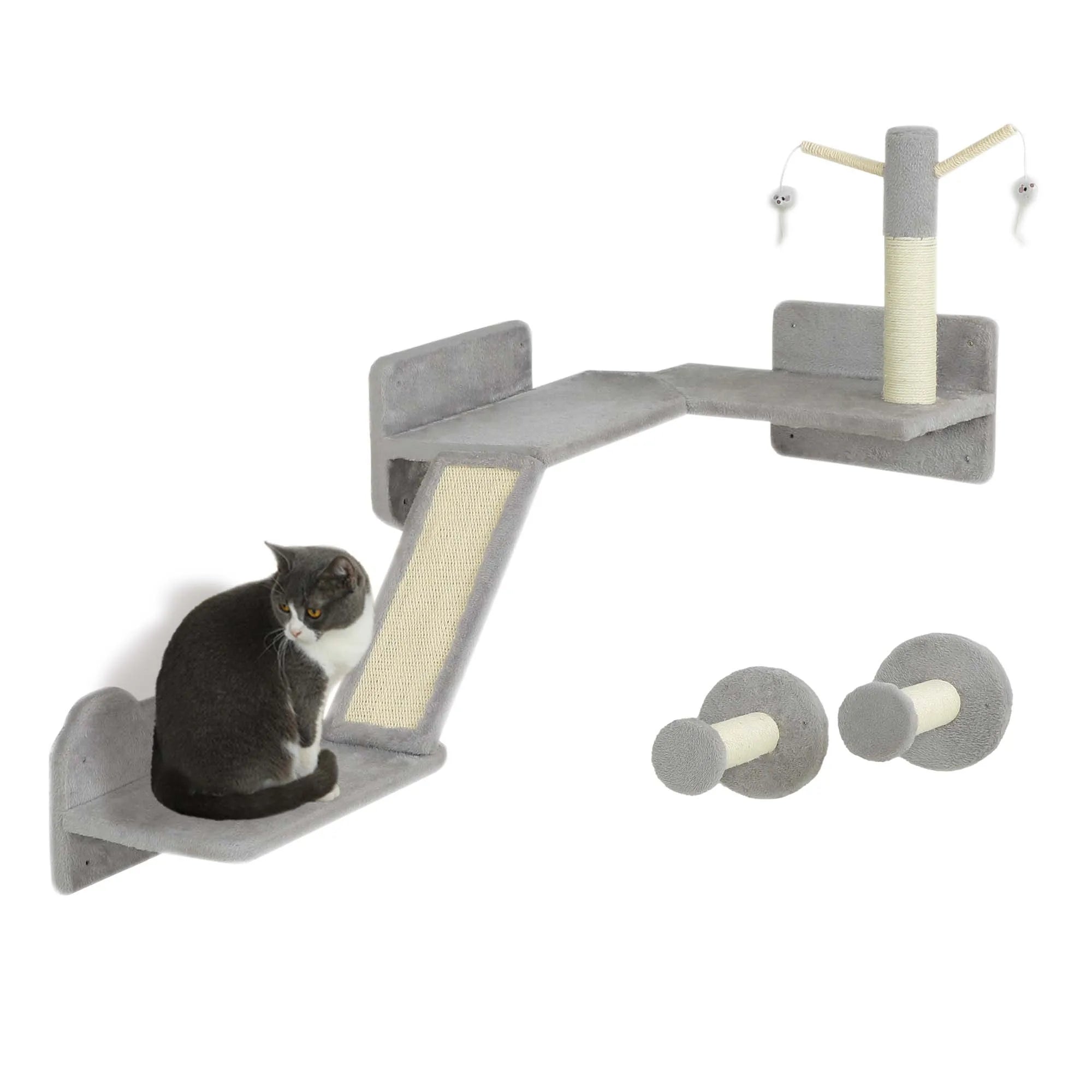 3 Piece Corner Cat Wall Shelves with Scratching Posts Double Layer Platform Light Grey Wall Mounted