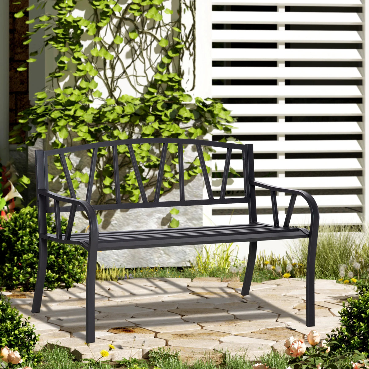 2 Seater Garden Bench All Metal Loveseat with Tall Backrest Ergonomic Armrests Line Design for Patio