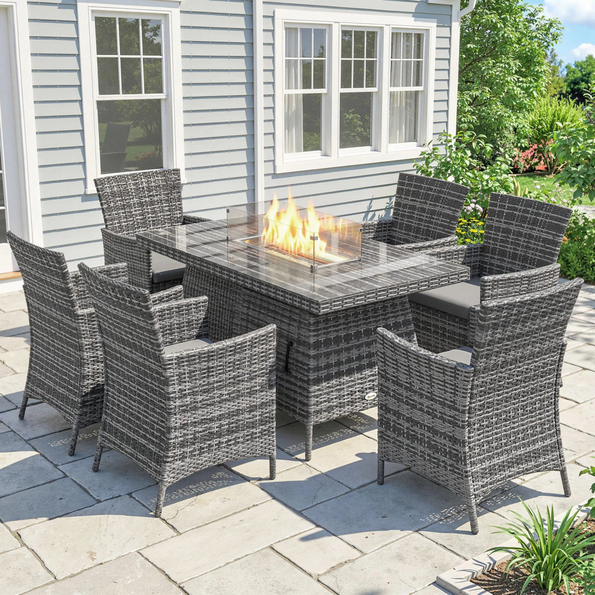 Rattan Garden Dining Set with Fire Pit Table & 6 Armchairs, Grey