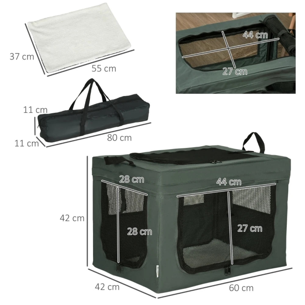 60cm Soft Sided Pet Carrier with Cushion 3 Doors Collapsible Travel Crate for Cats and Miniature Dogs Grey