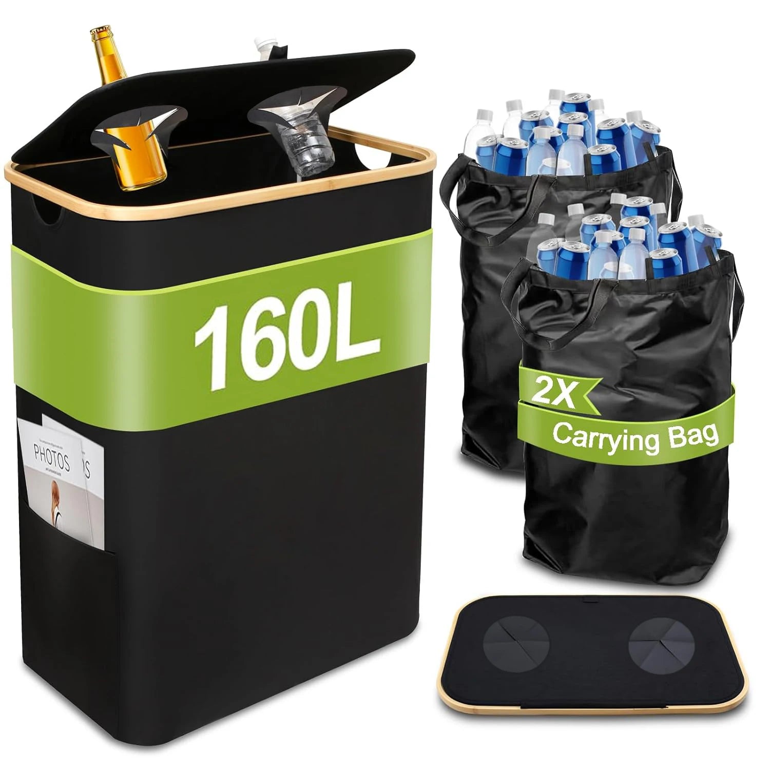 160L Large Bottle Bin with Lid and 2 Tote Bags Reusable Recycling Container for Bottles Clothes Newspapers