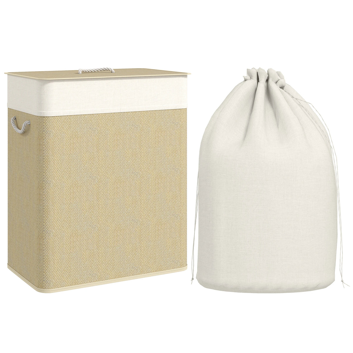 100L Bamboo Double Laundry Hamper with Lid and Rope Handles