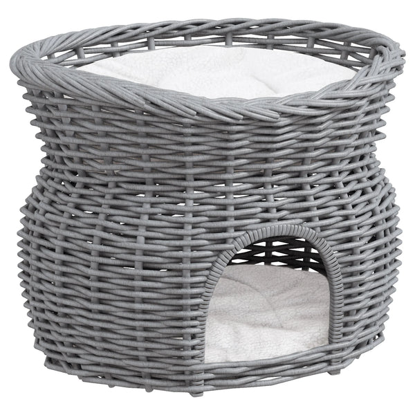 2 Tier Elevated Wicker Cat House with Cushion Willow Basket Condo Open Lounging Bed and Wide Entrance