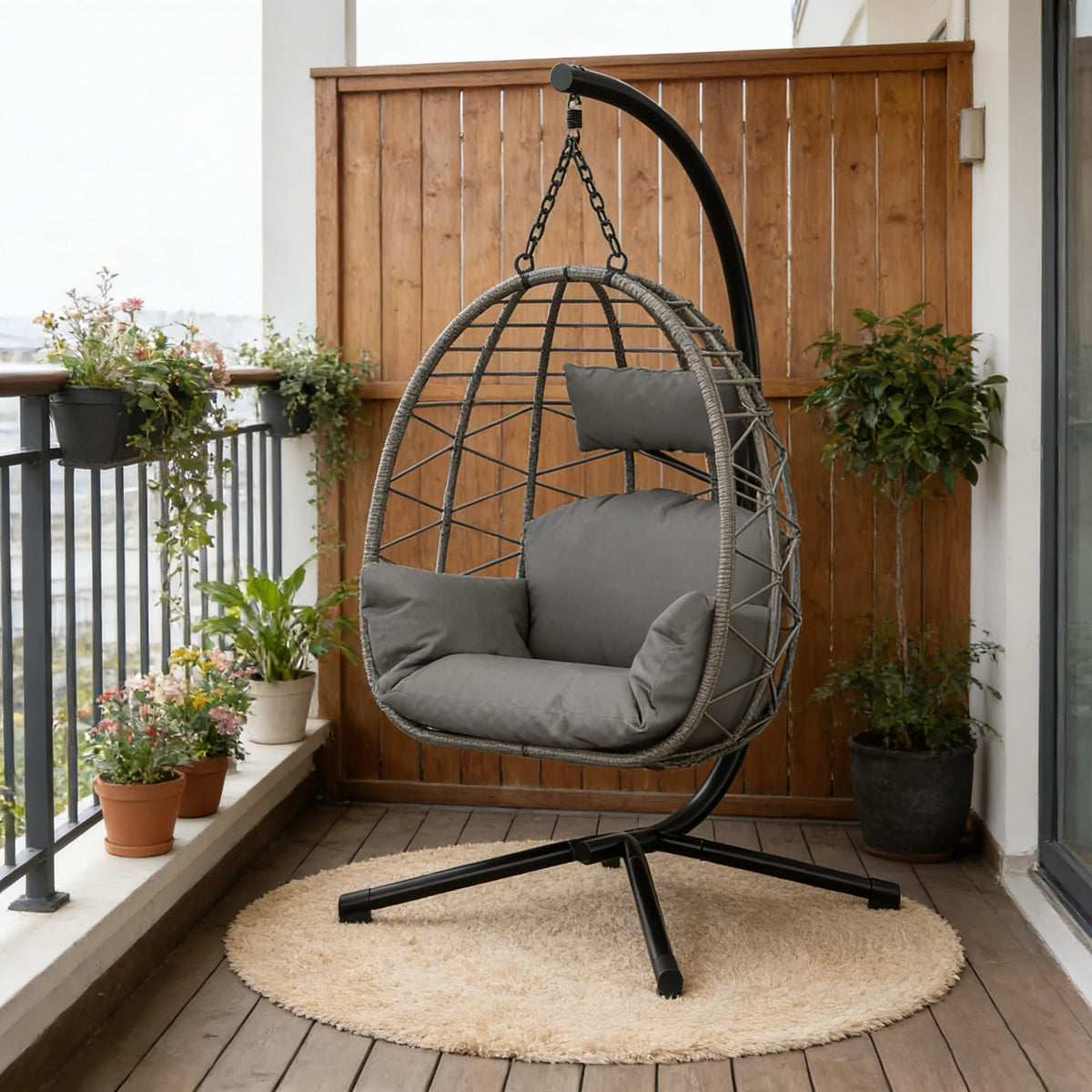 Garden Rattan Hanging Egg Chair with Stand Cushions 150kg Foldable All-Weather Cover for Patio Outdoor