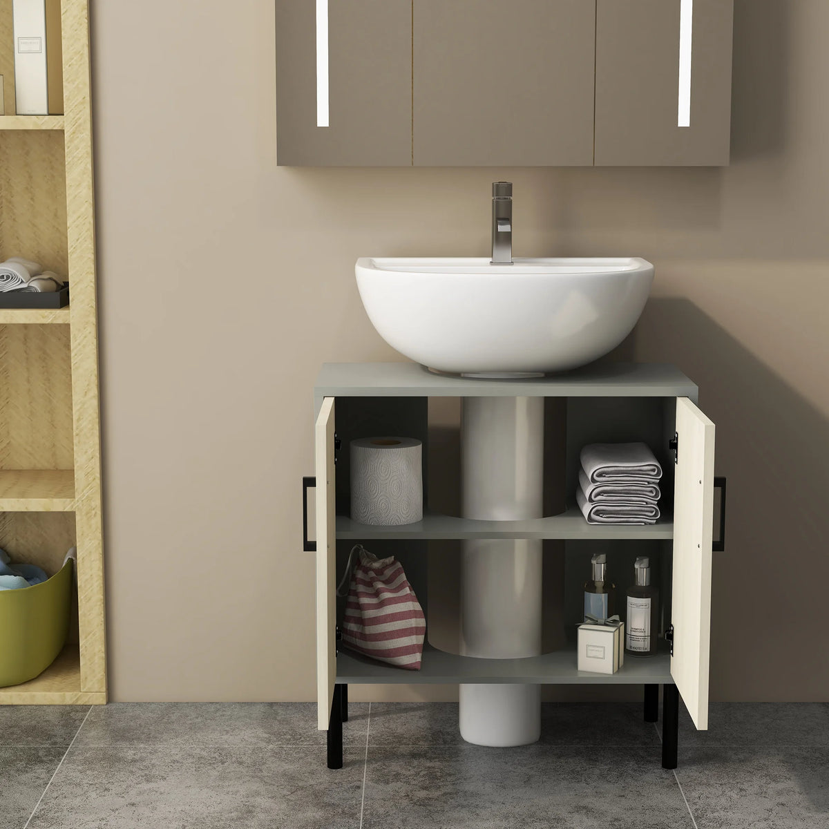 Freestanding Under Sink Bathroom Cabinet with U-Shaped Cut-Out and Shelf