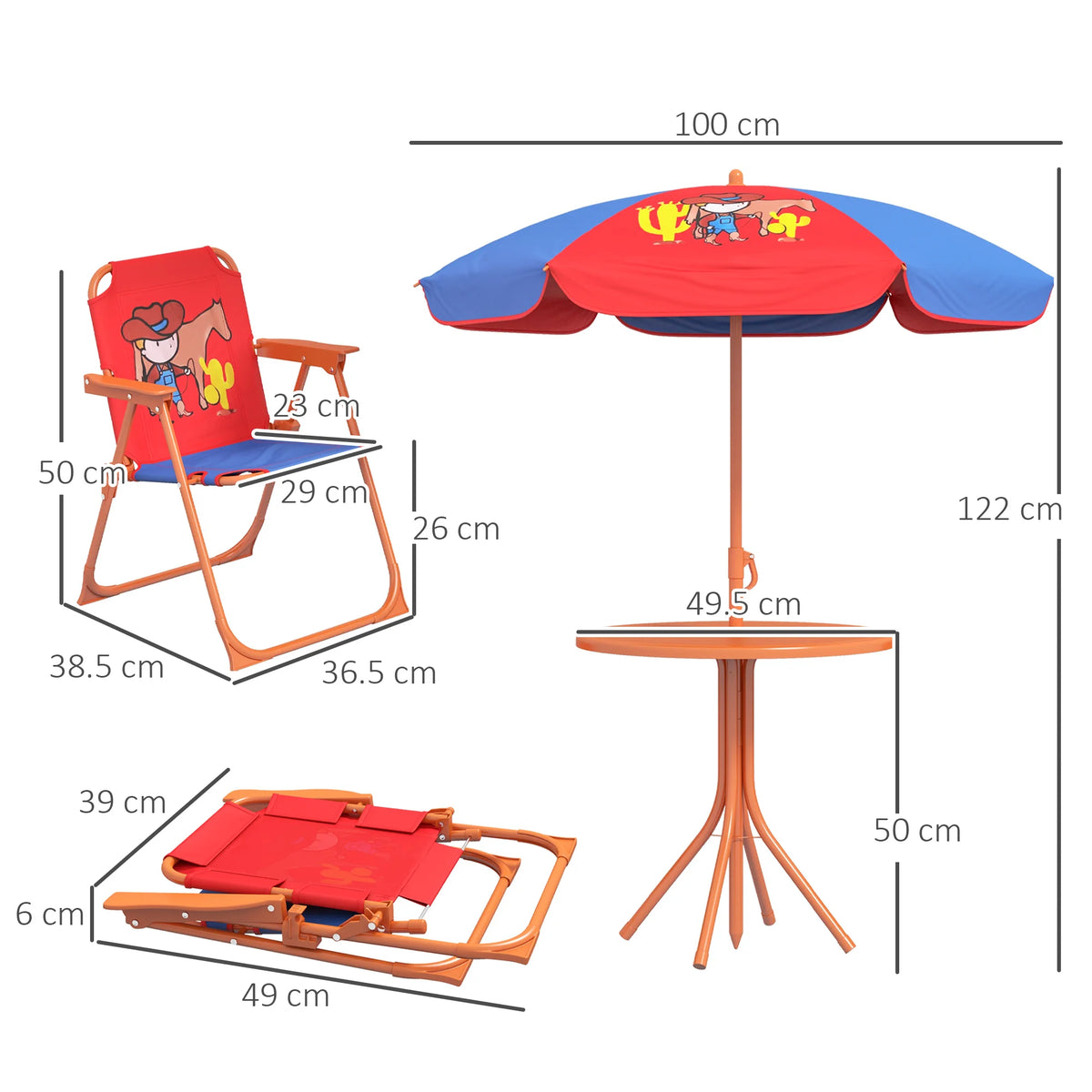 Kids Bistro Table and Chair Set Cowboy Theme with Adjustable Parasol 86-122cm and Folding Safety Lock Chairs