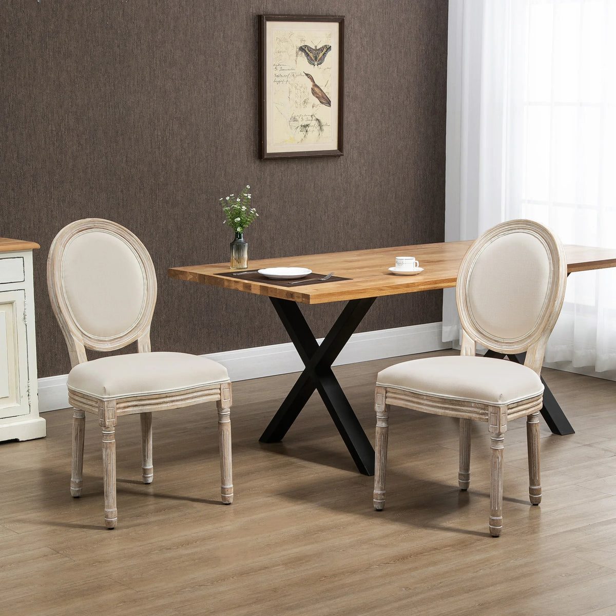 French-Style Dining Chairs, Set of 2 with Linen-Look Upholstery and Oval Backs
