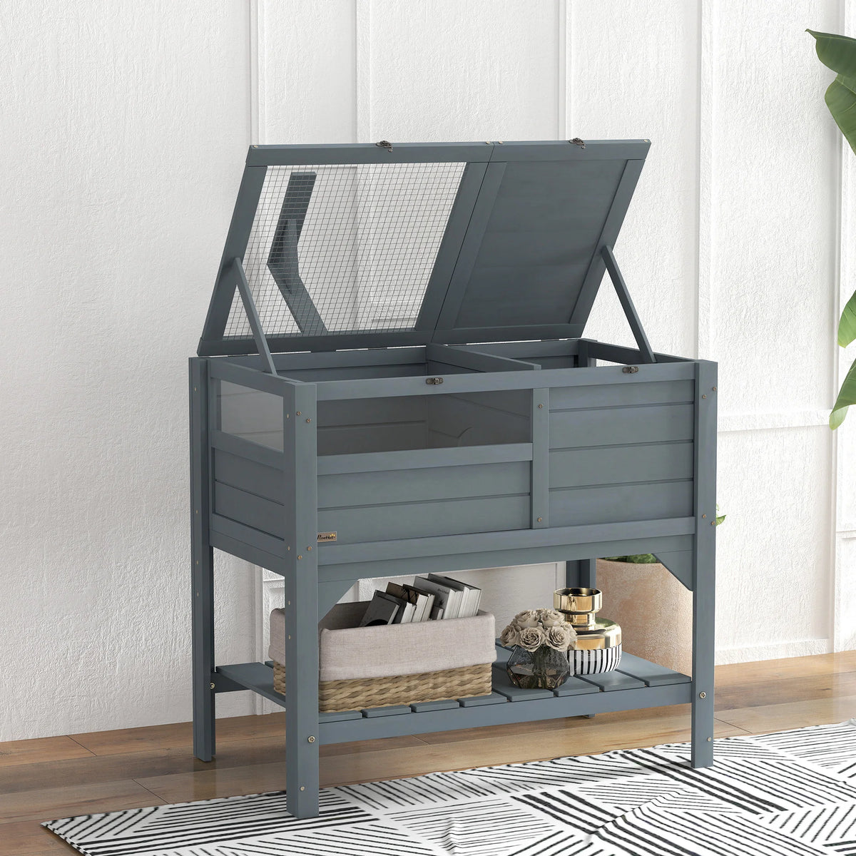 Wooden Tortoise House with Run, Shelter, Shelf & Lamp Holder, Grey