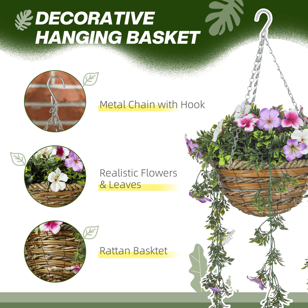 Set of 2 Artificial Azalea Flowers in Hanging Baskets UV Protected PE Faux Plants for Indoor and Outdoor
