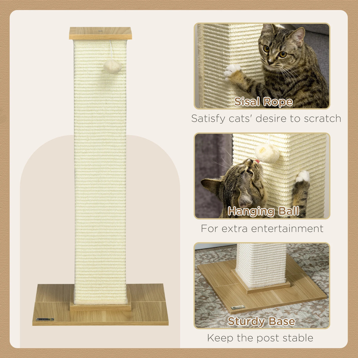 80cm Sisal Rope Scratching Post, Cat Scratching Post - White