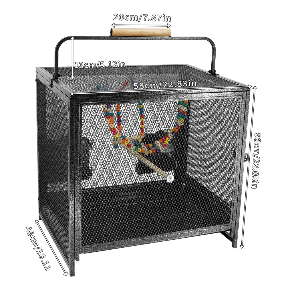 Heavy-Duty Metal Travel Bird Cage with Handle, Perches and Toys, 58 x 46 x 56cm