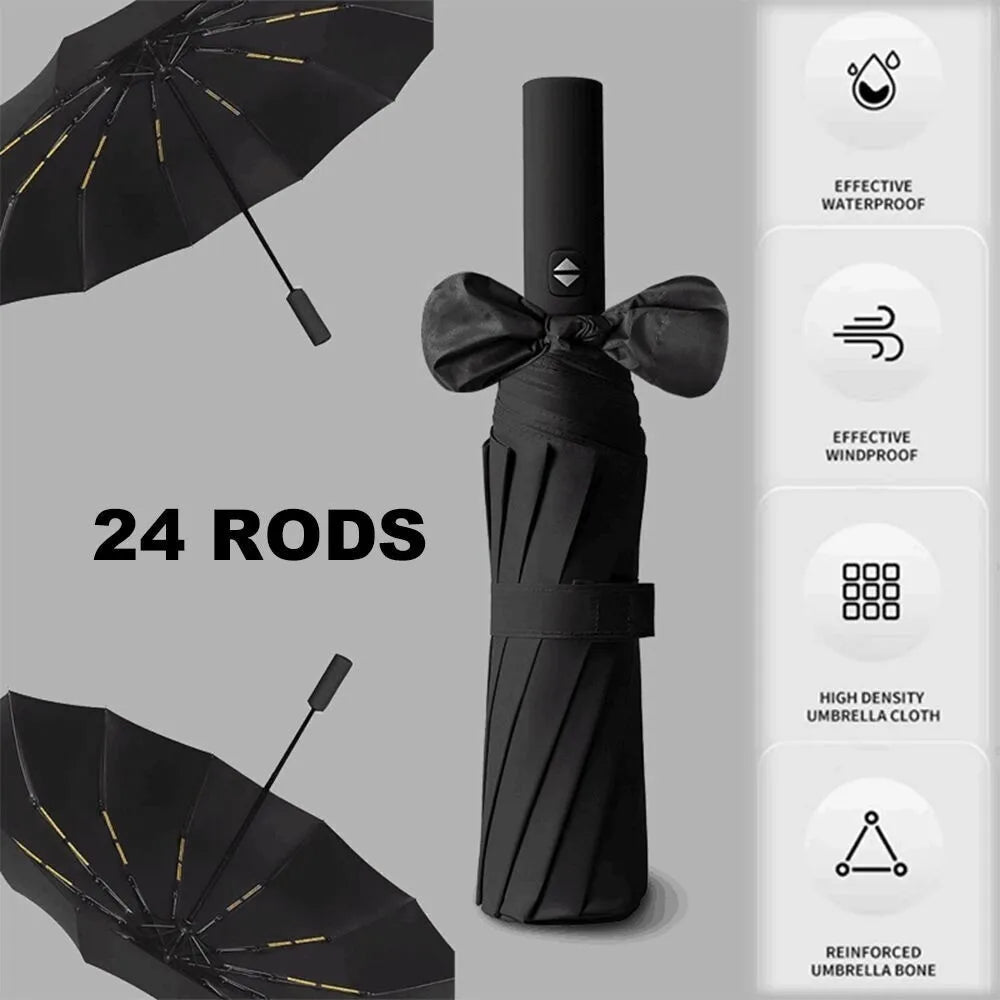 24-Rib Windproof Automatic Folding Umbrella, Compact Travel Umbrella, Black