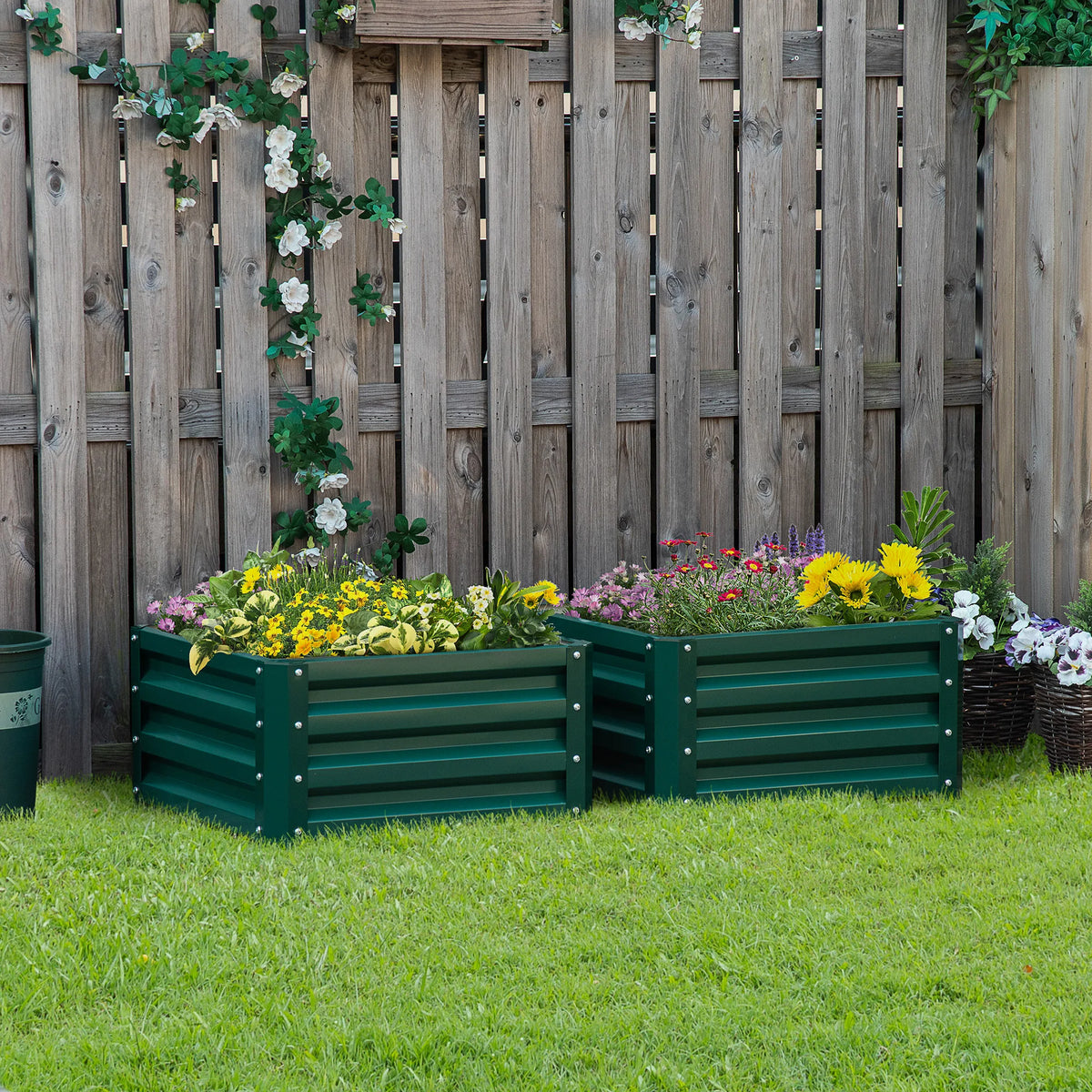 Set of 2 Raised Garden Beds, Galvanised Steel Planter Boxes, Green