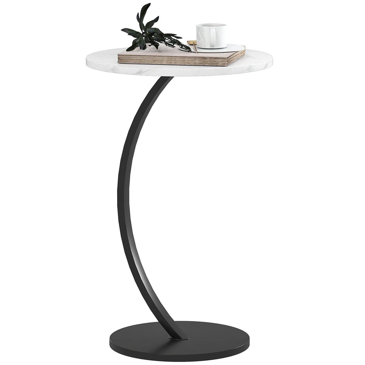 C-Shaped Round Side Table with Marble-Effect Top, White