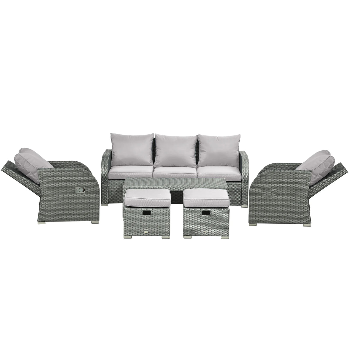 6 Piece Rattan Garden Sofa Set 3 Seater 2 Reclining Armchairs 2 Footstools Table Powder Coated Steel