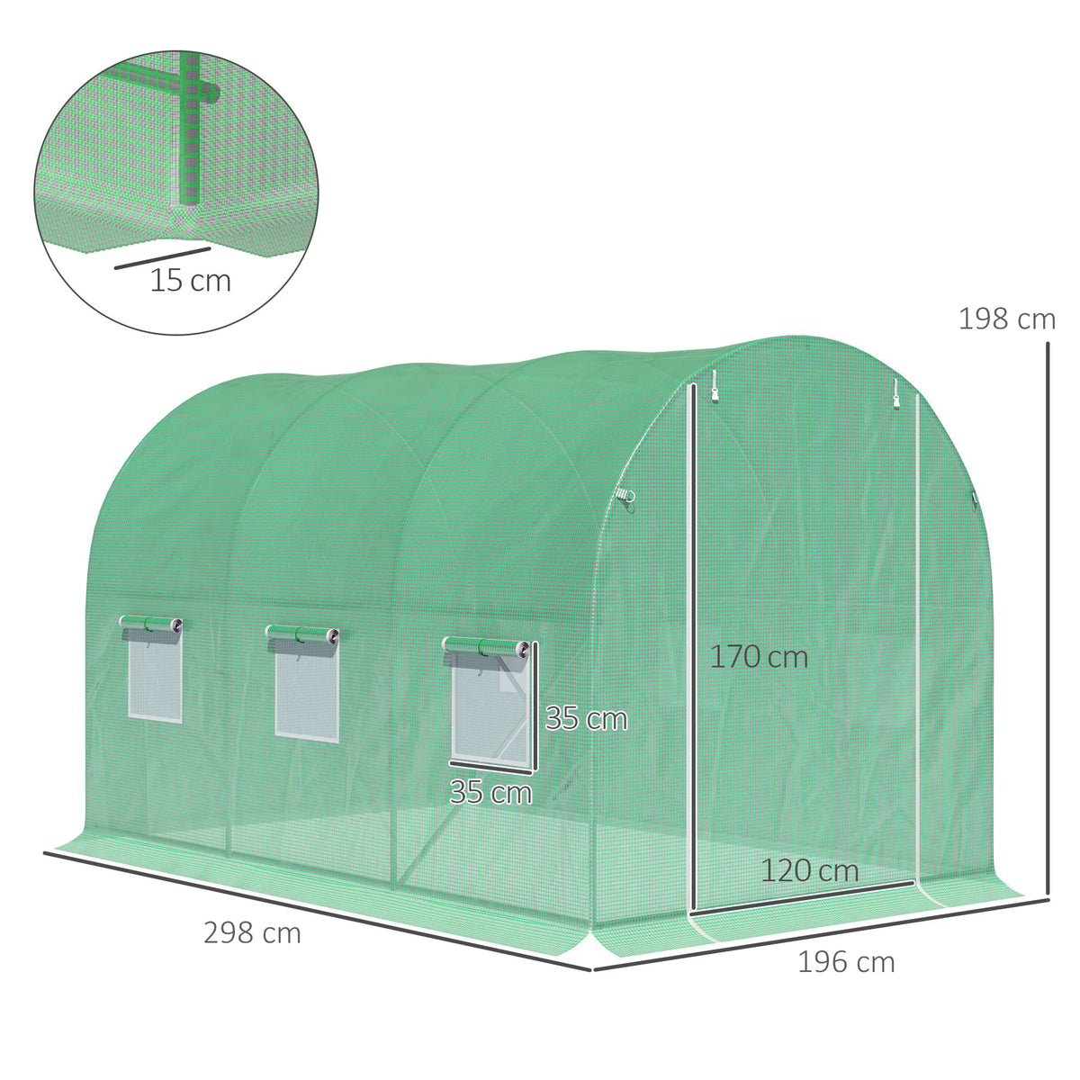 Walk-In Polytunnel Greenhouse with Zipped Door and Roll-Up Windows, 3 x 2 x 2m, Green