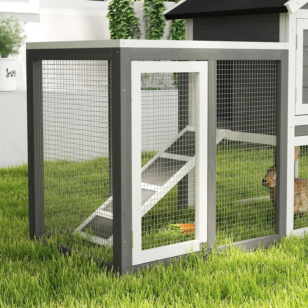 Wooden Rabbit Hutch 122cm 2 Storey Bunny Cage with Steel Wire Run Ramp Slanted Asphalt Roof and Tray