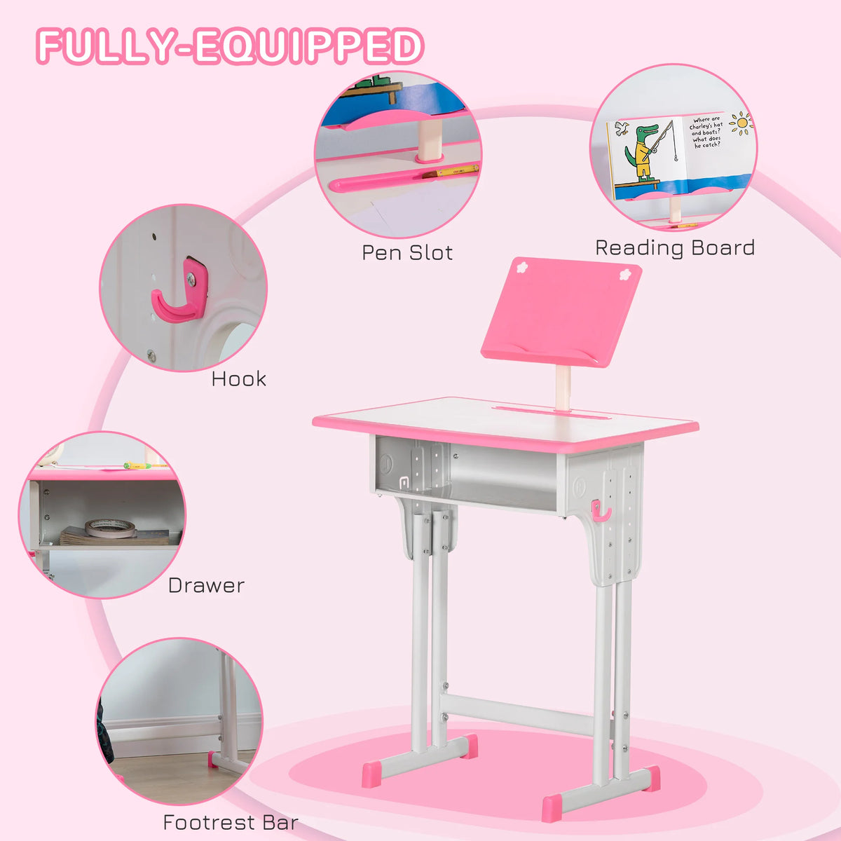Height Adjustable Kids Desk & Chair Set with Drawer – Pink
