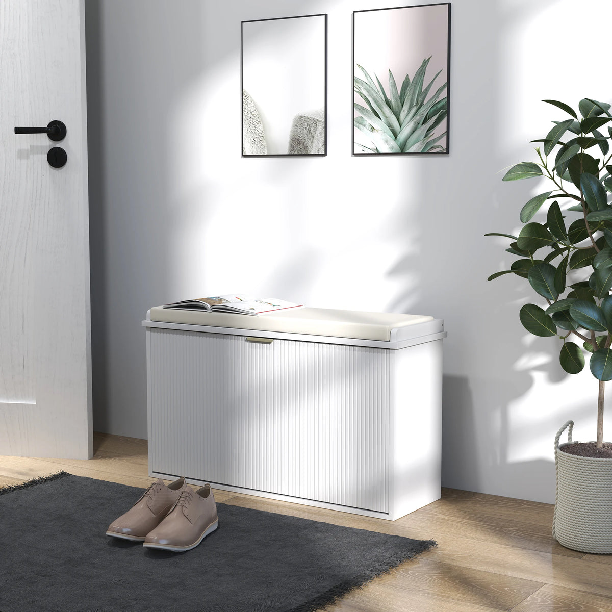 Shoe Storage Bench with Cushioned Seat and Flip Drawer, 80 x 26 x 47.5 cm, White