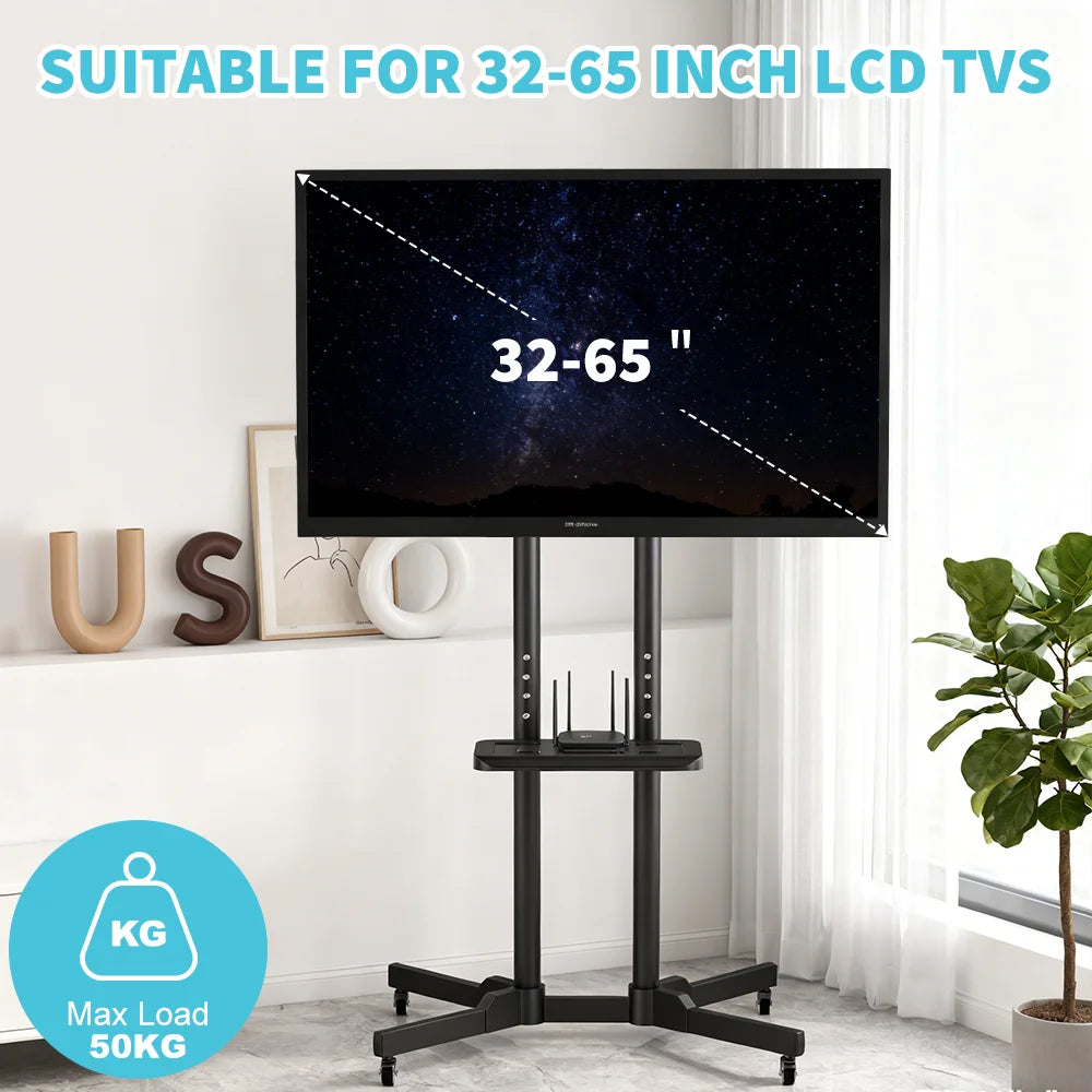 Height Adjustable Mobile TV Cart with Lockable Wheels and Tilt Adjustment for 32-65 Inch TVs