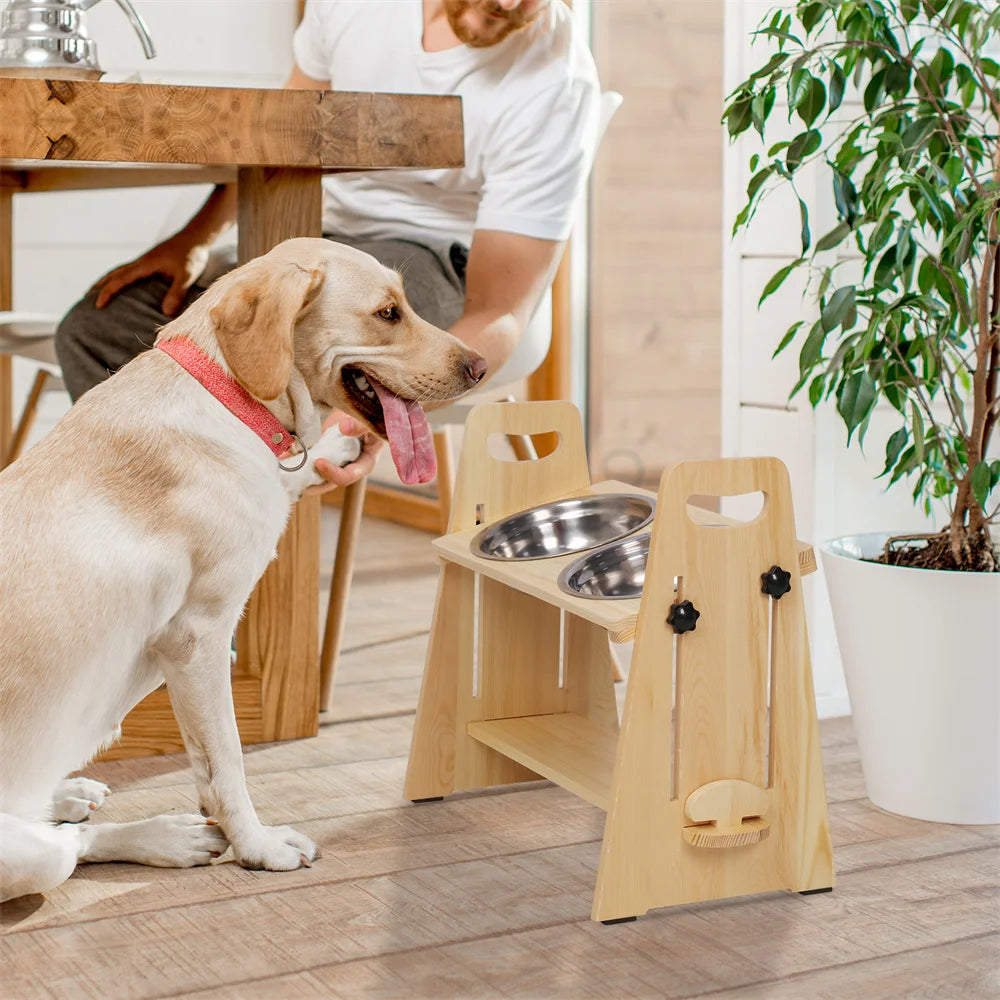 Height Adjustable Elevated Dog Bowl Stand Pine Wood 2 Stainless Steel Bowls 43x24.5x40.5cm