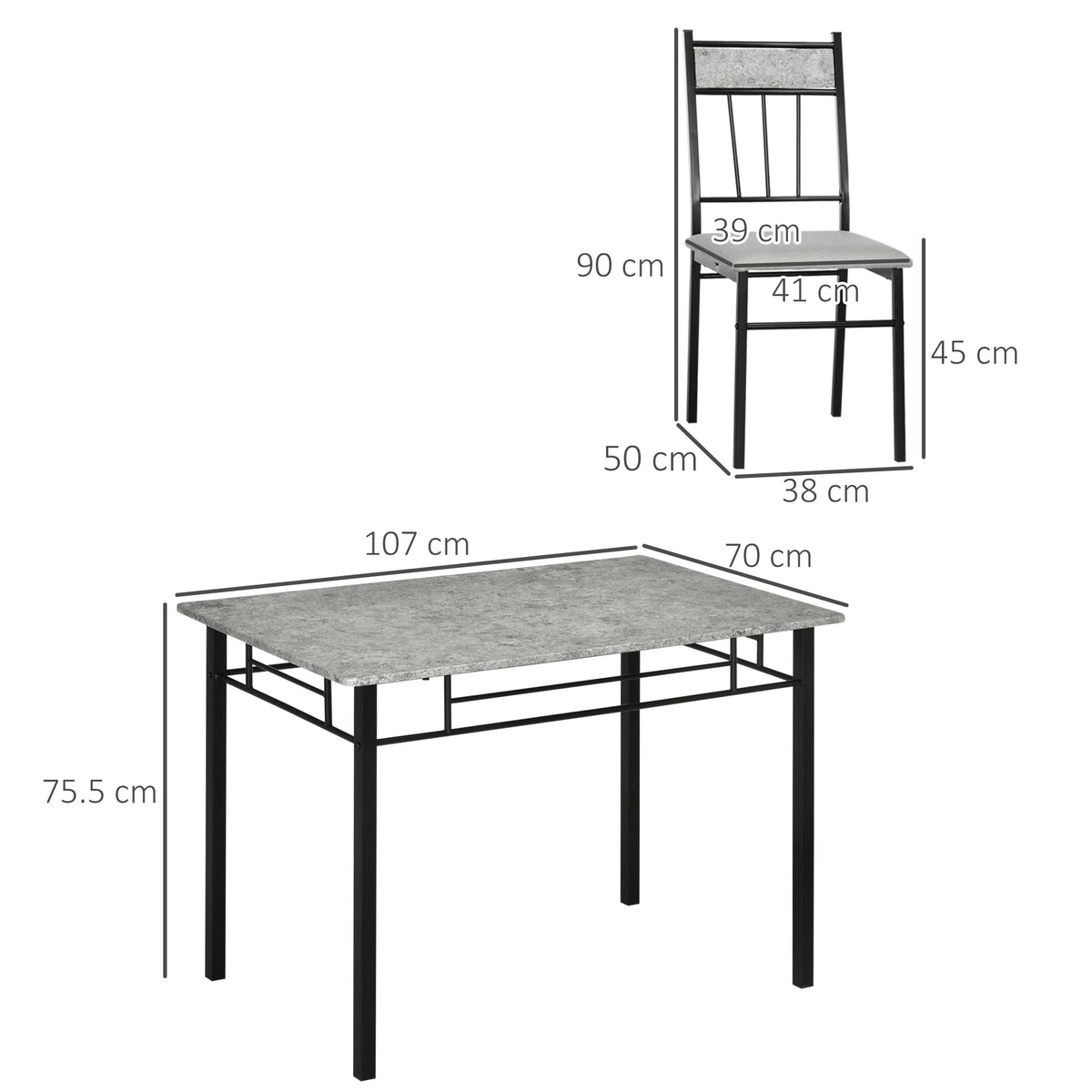 5 Piece Dining Table and Chairs Set with Marble-Effect Top, Space-Saving