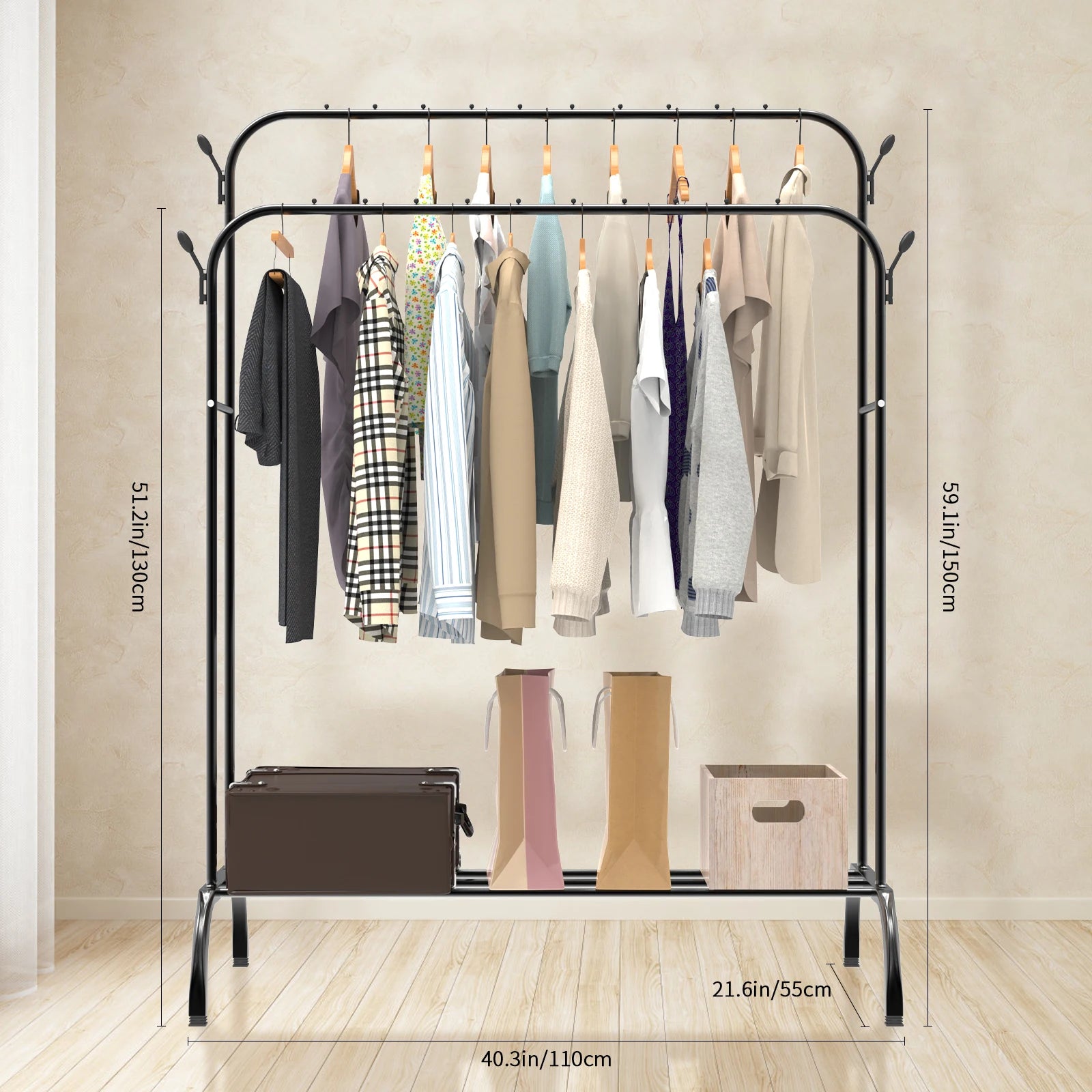 Double Rail Clothes Rack | 50kg Heavy Duty Steel Freestanding Garment Rail with Shoe Shelf