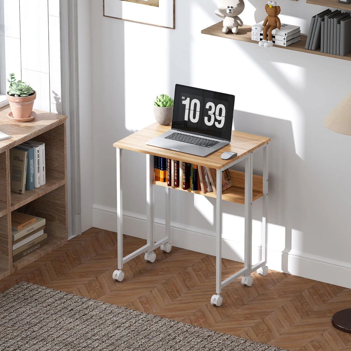 63cm Foldable Computer Desk on Wheels for Small Spaces, Natural
