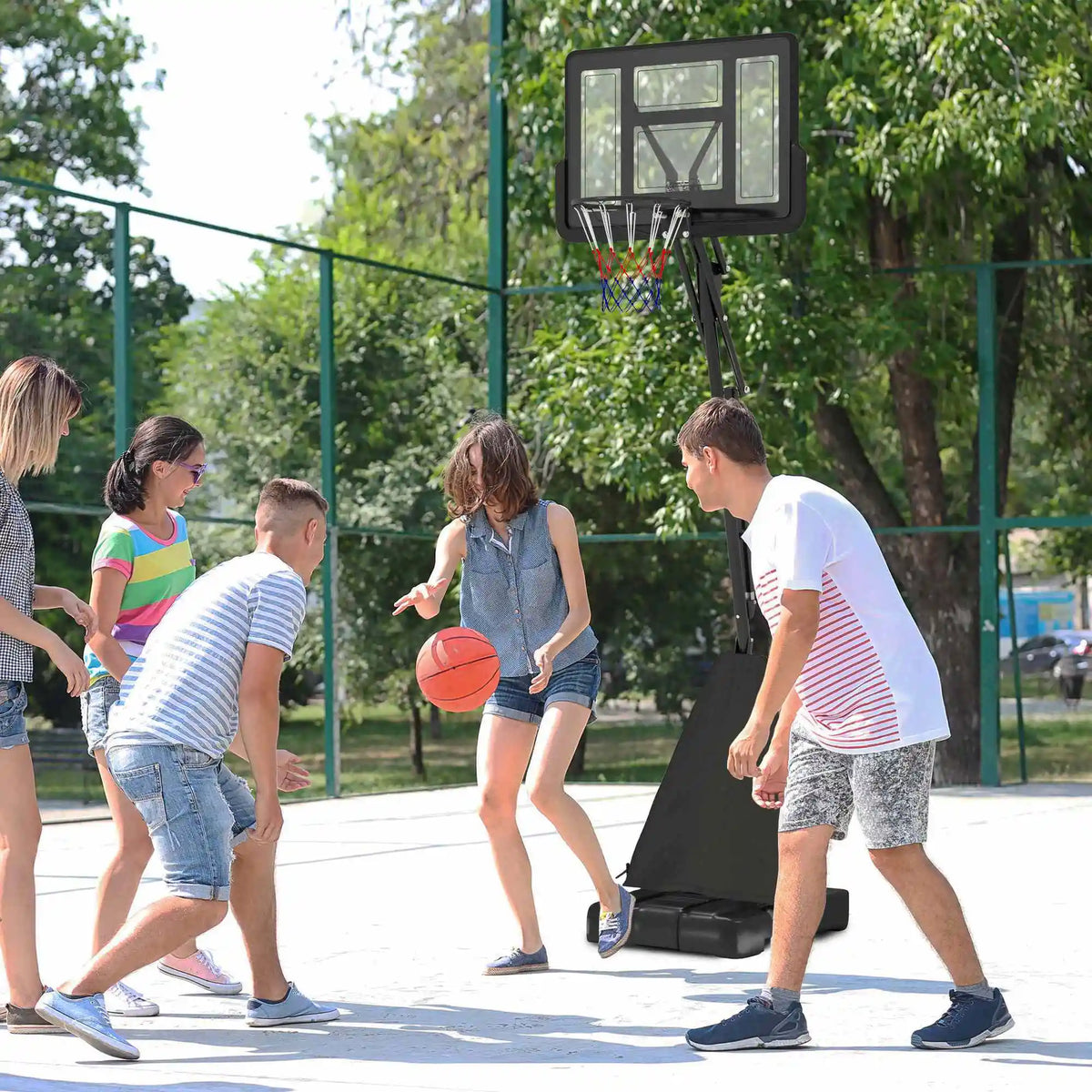 Basketball Hoop Outdoor, Height Adjustable, Rebound System, Weighted Base, Portable, Wheels, 2.45-3.05m, Black