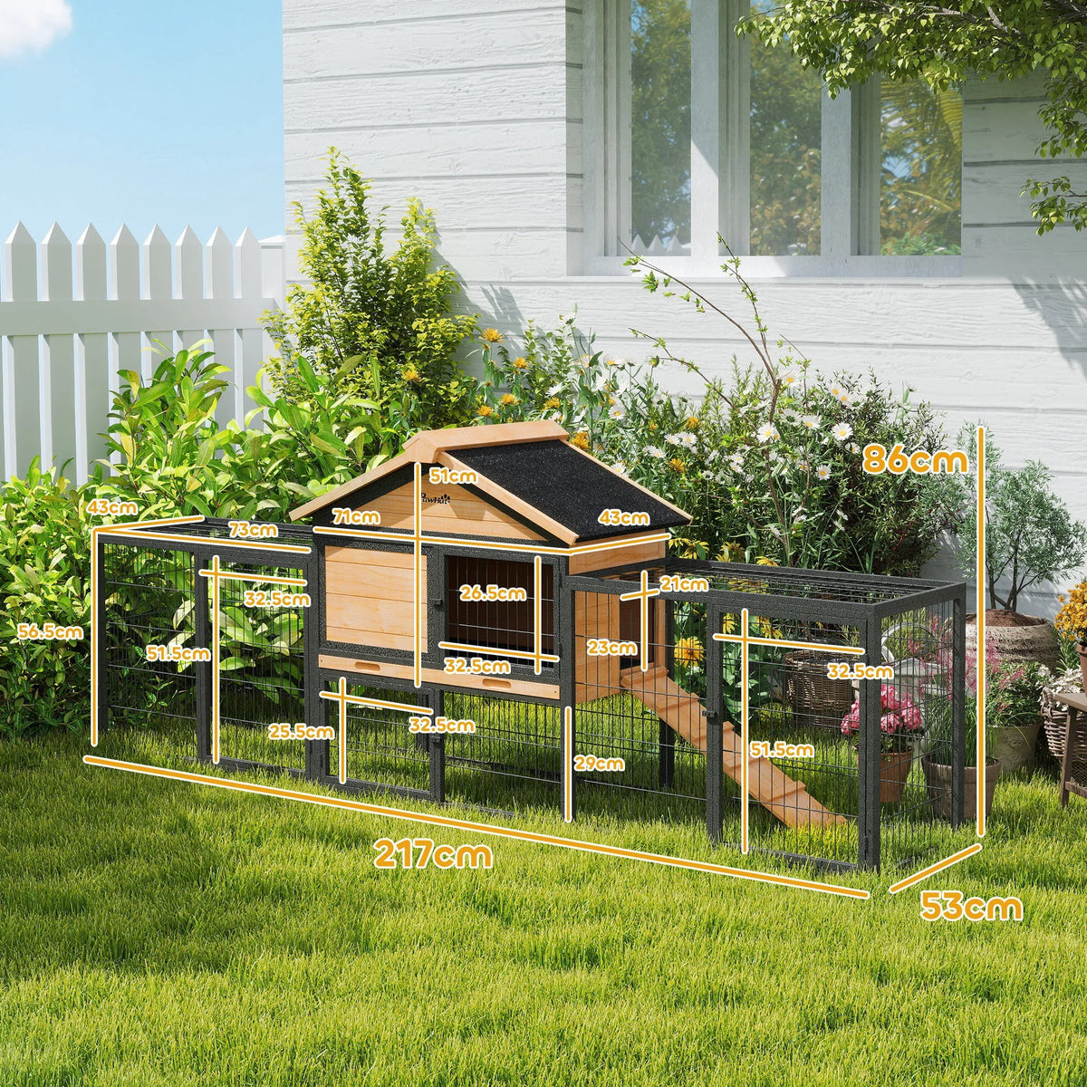 Outdoor Rabbit Hutch with Steel Run 217x53x86cm Guinea Pig Cage Asphalt Roof and Removable Tray Natural