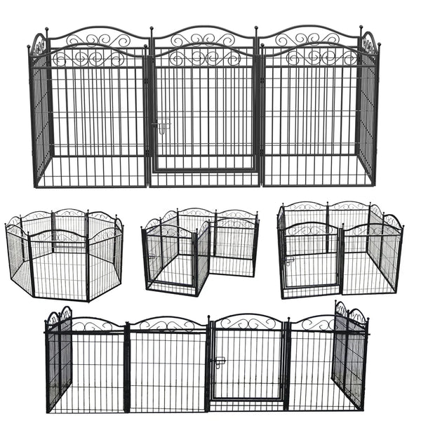 8 Panel Heavy Duty Metal Dog Playpen 190x63x80cm Foldable Fence with Gate for Small Medium Dogs