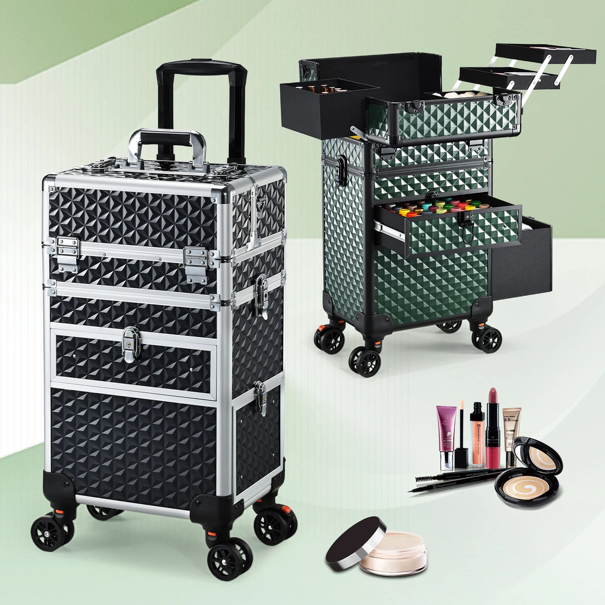 Cosmetology Case on Wheels with Large Trays and Drawers 36-55L PVC Rolling Salon Cart for Barbers and Manicure