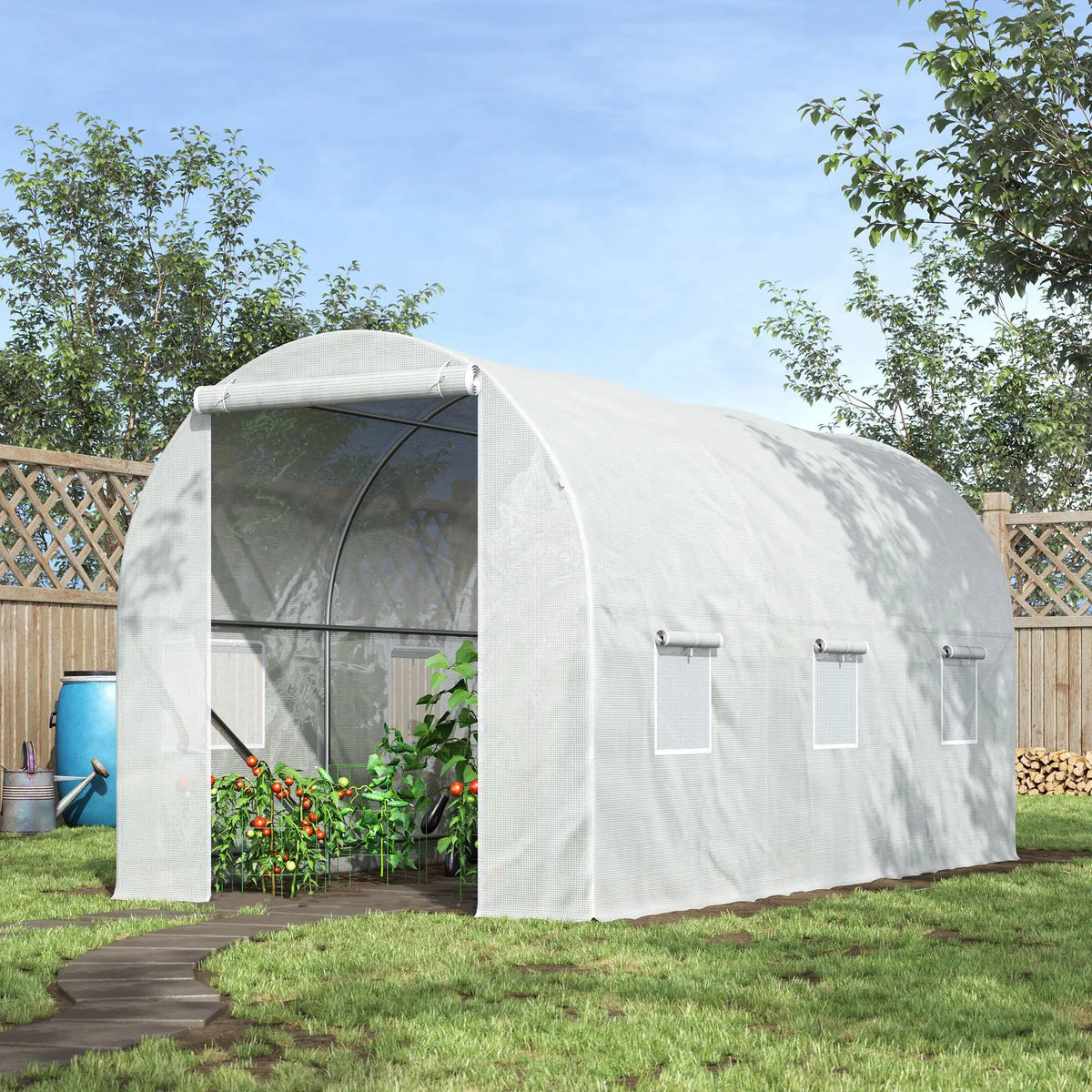 Walk In Polytunnel Greenhouse 3.5x2x2m with Mesh Windows Galvanised Steel Frame Grid Threaded PE Cover White