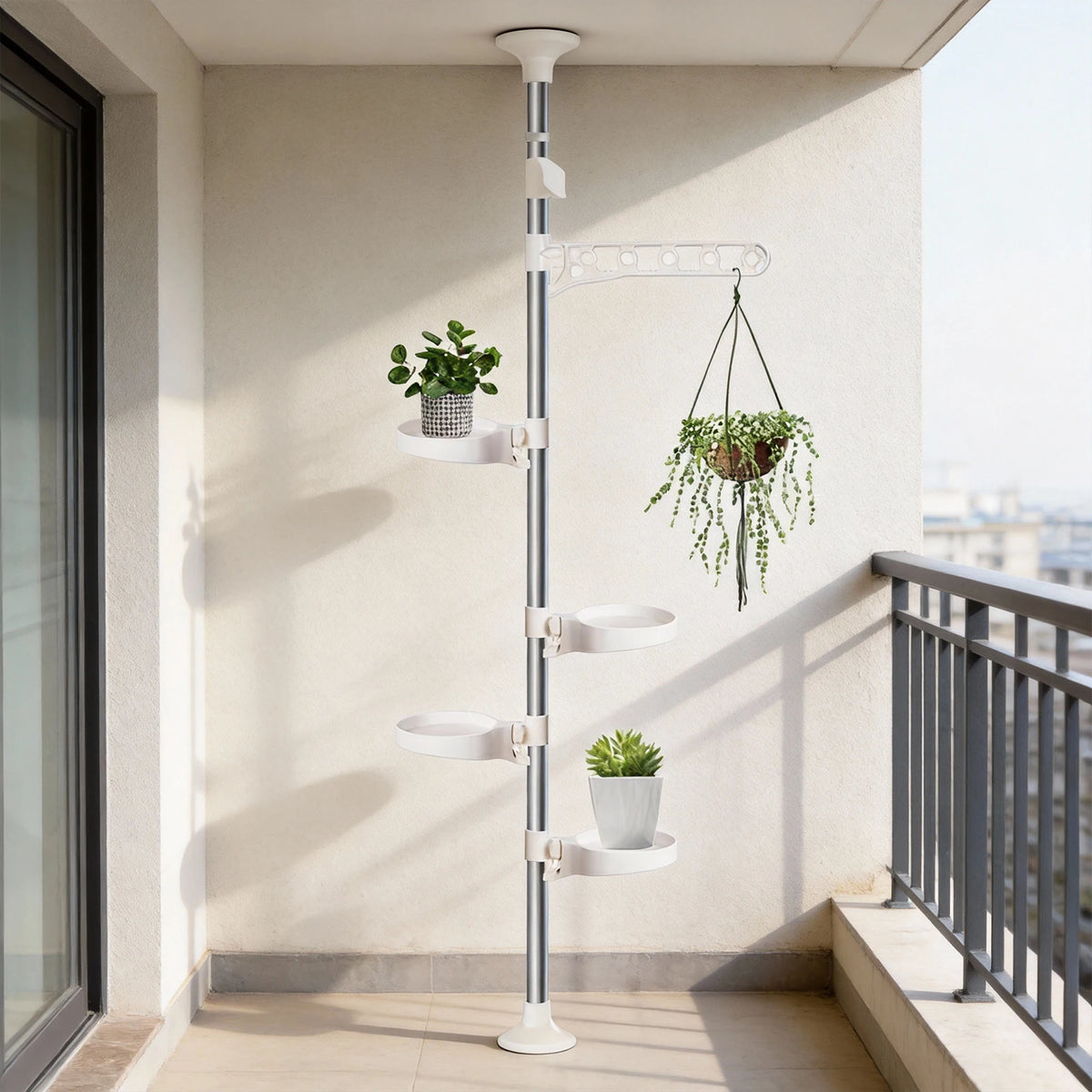 4 Layer Tension Rod Plant Stand Adjustable 175-290cm Floor to Ceiling for French Window Corner Home Decor