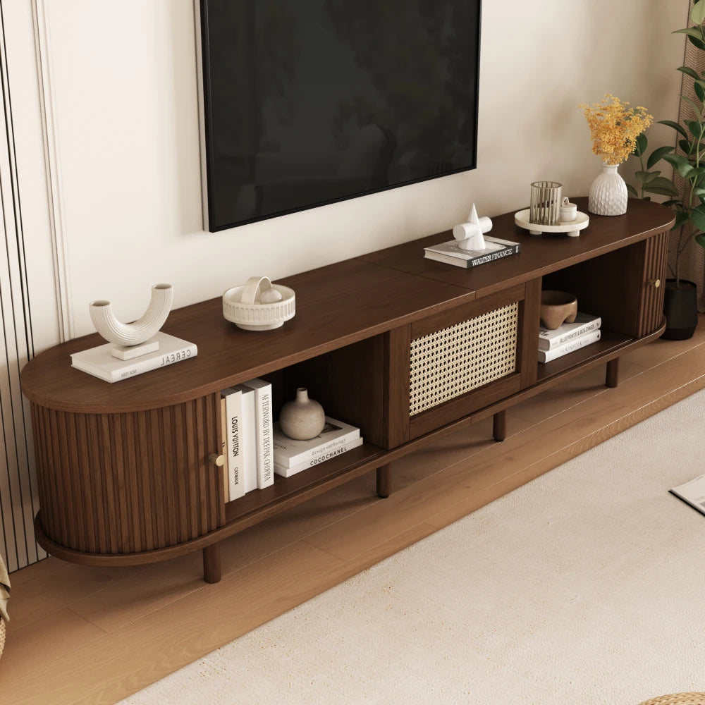 180cm Oak TV Stand with Rattan Drawer, Sliding Doors, Gold Handles and Adjustable Legs