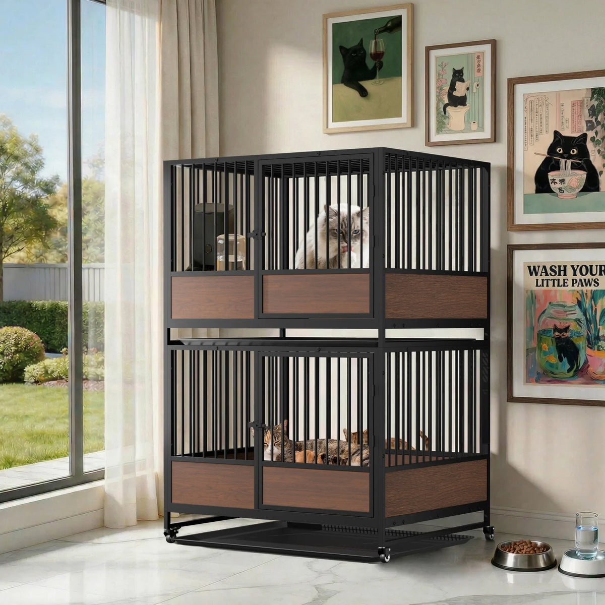 BINGOPAW Heavy Duty Dog Cat Crate Cage Kennel Stackable 2 in 1 Removable Tray Rolling Wheels