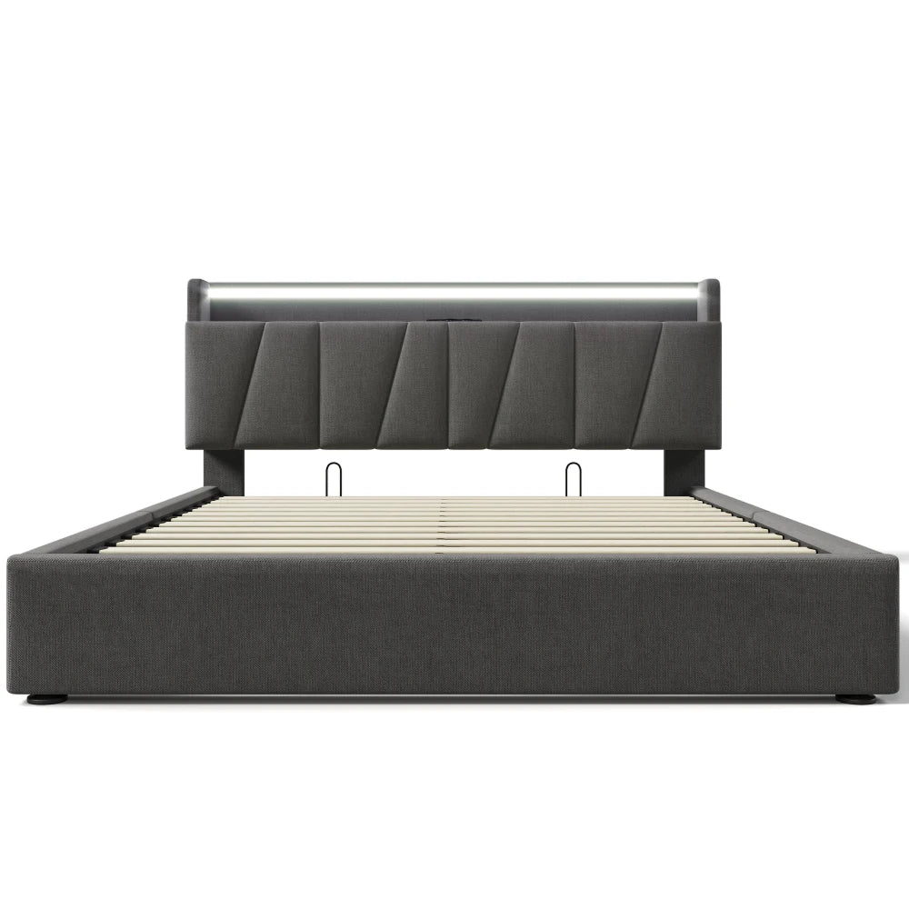 4ft6 Double Upholstered Bed Frame with LED Lighting & USB Charging Storage Headboard, Grey Linen