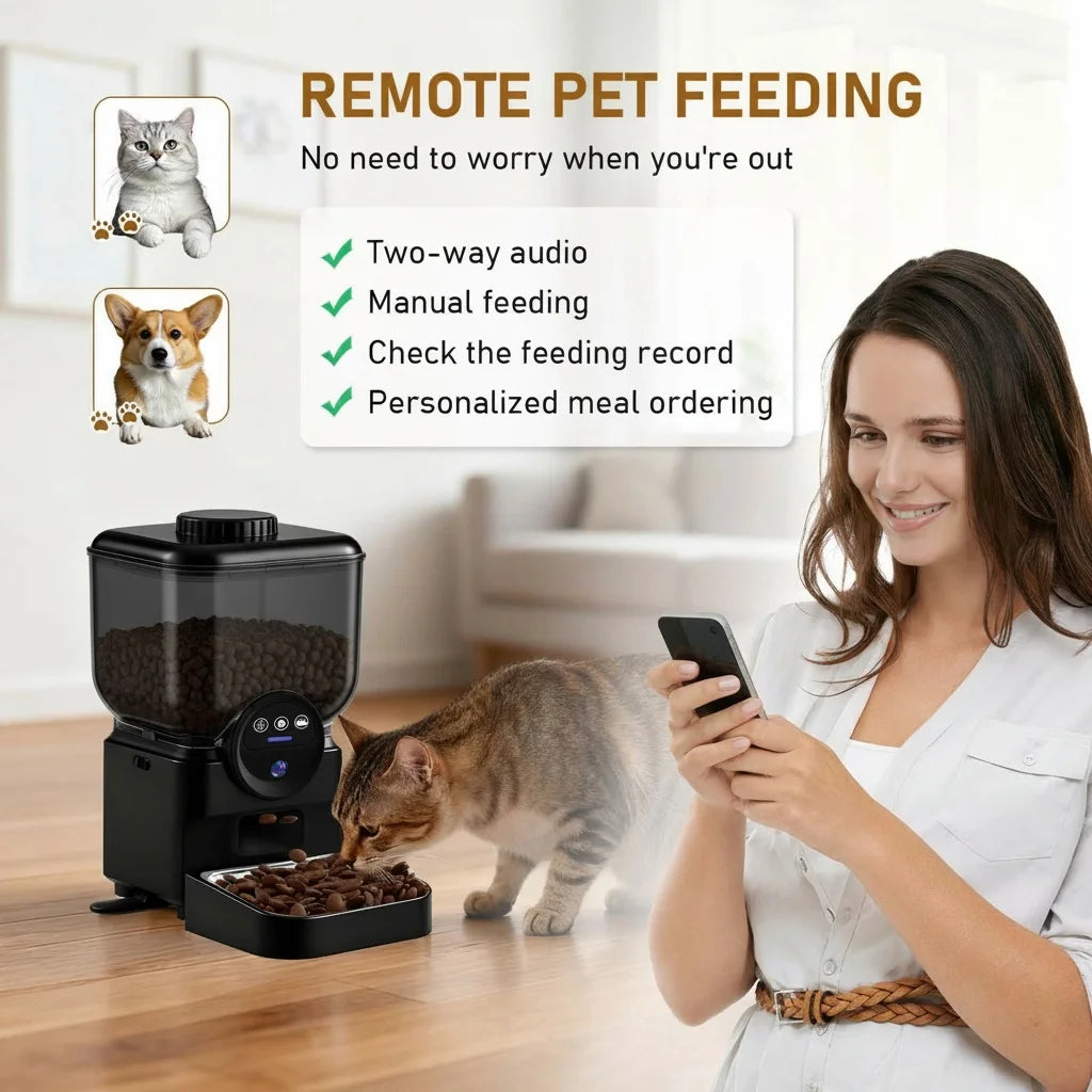 6.5L Automatic Cat Feeder with Camera WiFi App Control Rechargeable Battery Stainless Steel Bowl