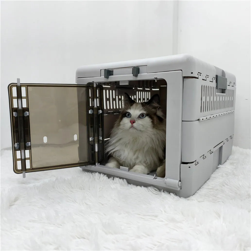 Foldable Hard Pet Carrier Box Lockable Travel Crate for Cats and Small Dogs 48x32x31.5cm Grey