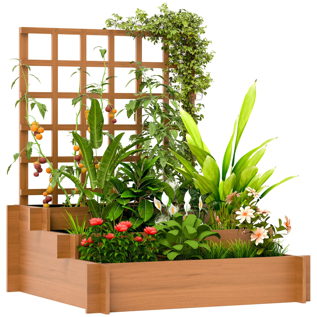 3 Tier Wooden Planters with Trellis, Outdoor Raised Beds for Garden, Natural