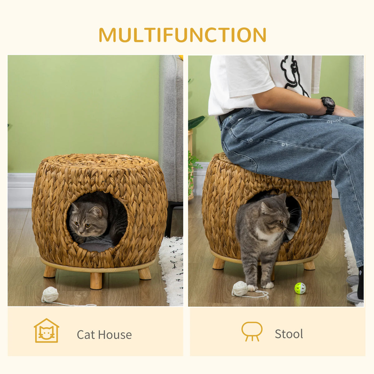 Rattan Cat House and Stool 44x43x41cm Water Hyacinth Cat Cave with Washable Cushion for Cats Under 5kg