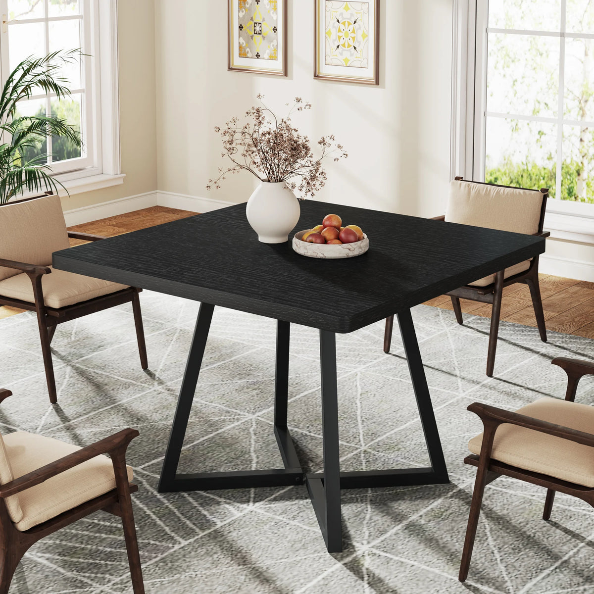Square Dining Table for 4 Industrial Wood Kitchen Table with Metal Base