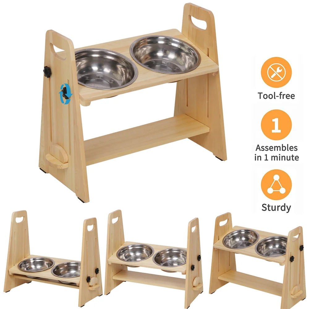 Height Adjustable Elevated Dog Bowl Stand Pine Wood 2 Stainless Steel Bowls 43x24.5x40.5cm